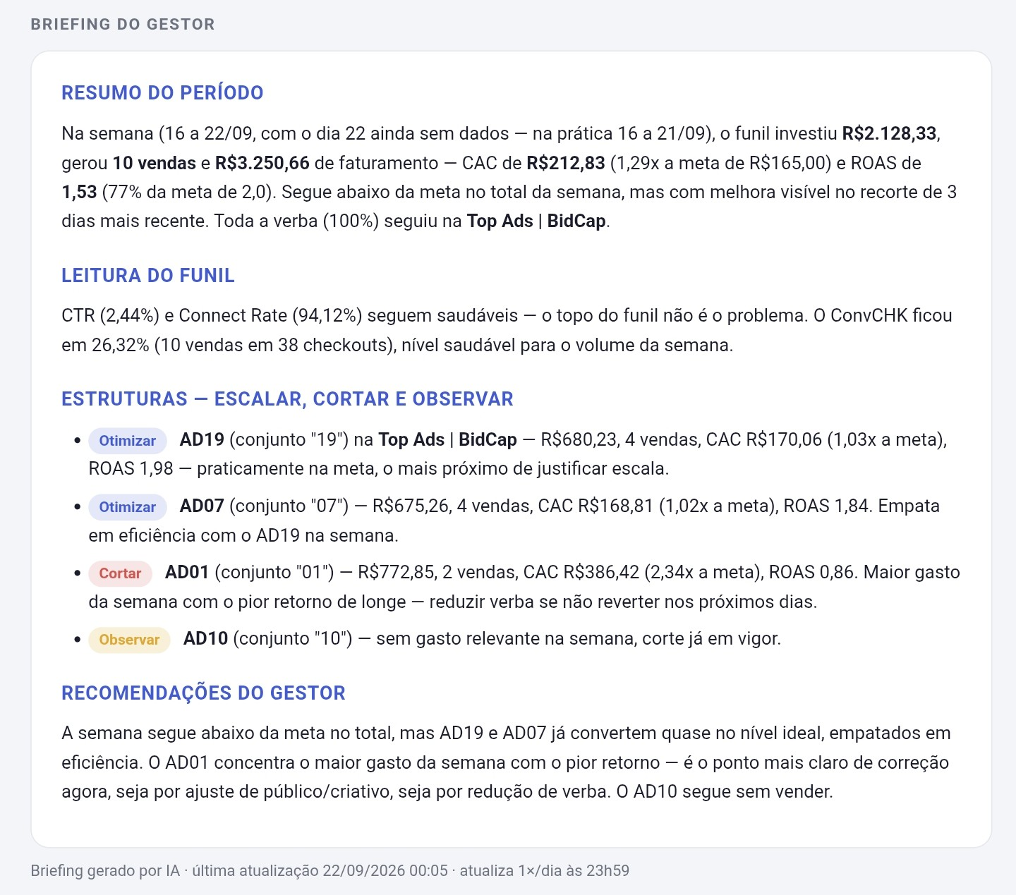 Briefing do gestor gerado por IA com resumo do período, leitura do funil, estruturas a escalar, cortar e observar, e recomendações.