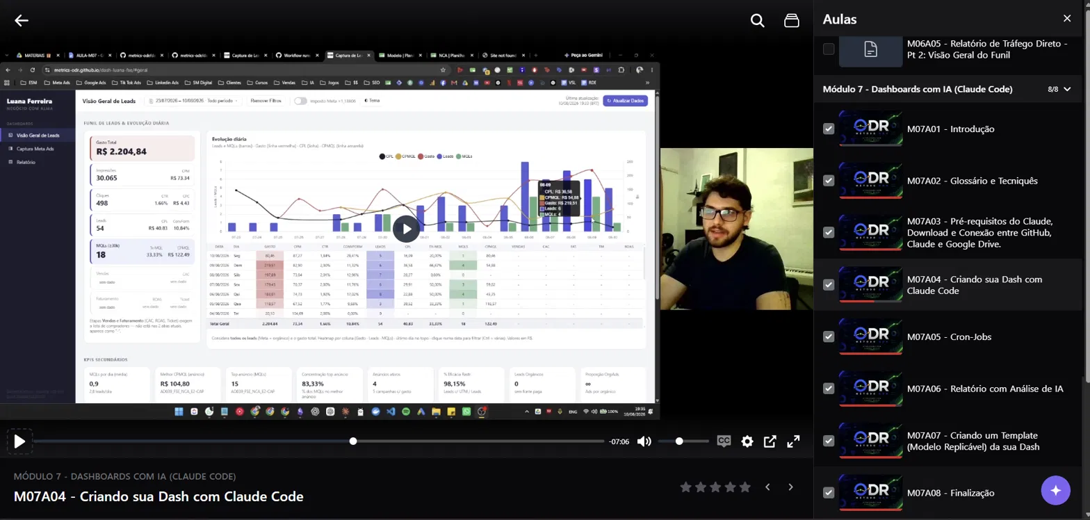 Aula real do Módulo 7 do Método ODR mostrando a construção do dashboard com IA passo a passo.